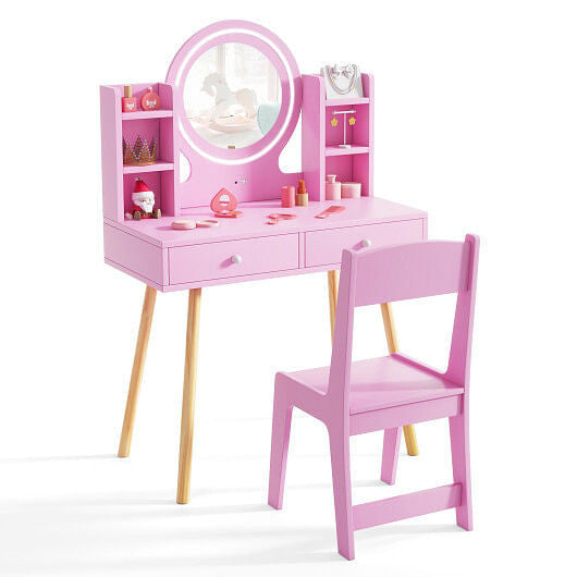 Kids Vanity Set with Lighted Mirror and Storage Drawers-White-0