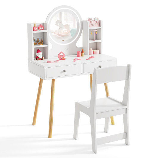 Kids Vanity Set with Lighted Mirror and Storage Drawers-White-1