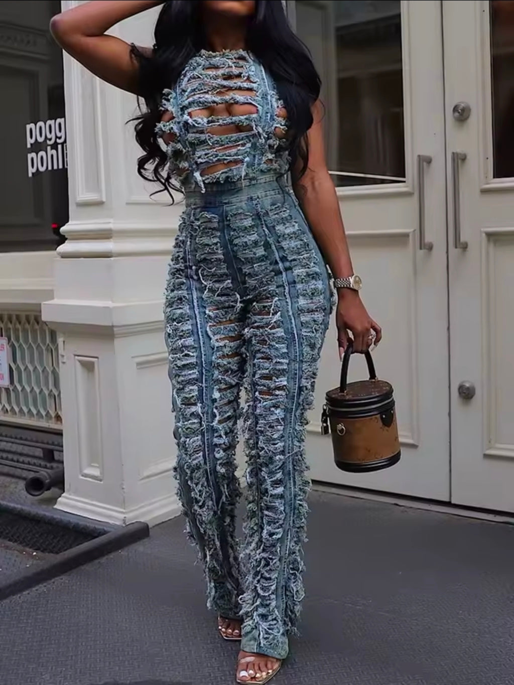 Denim ripped 2 piece