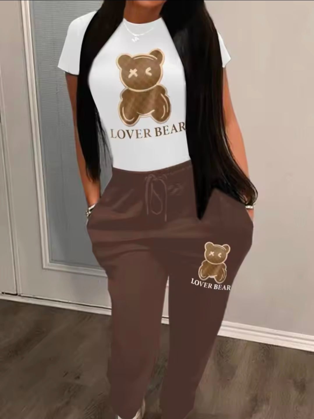 Bear print hoodie sweater set