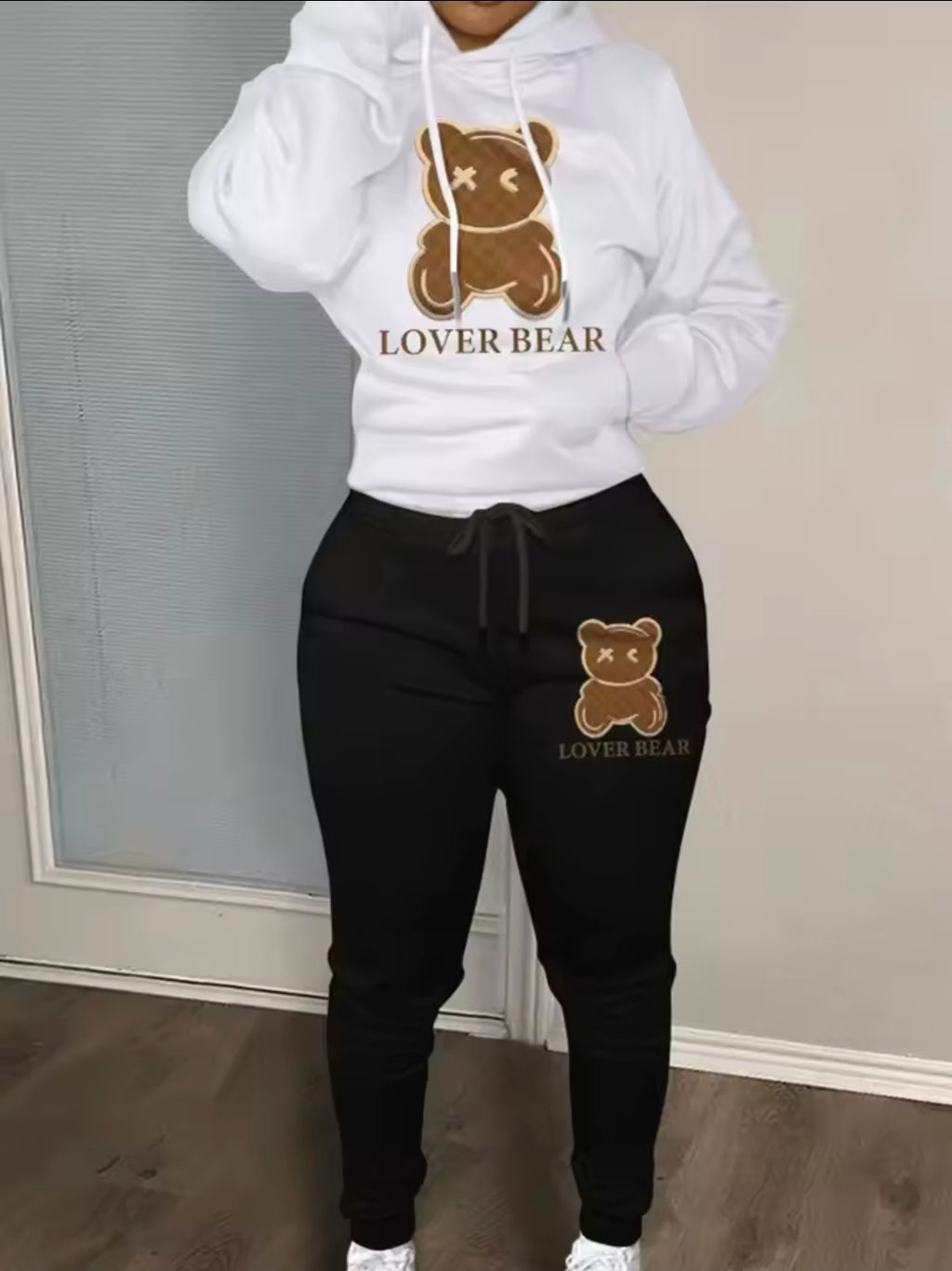 Bear print hoodie sweater set
