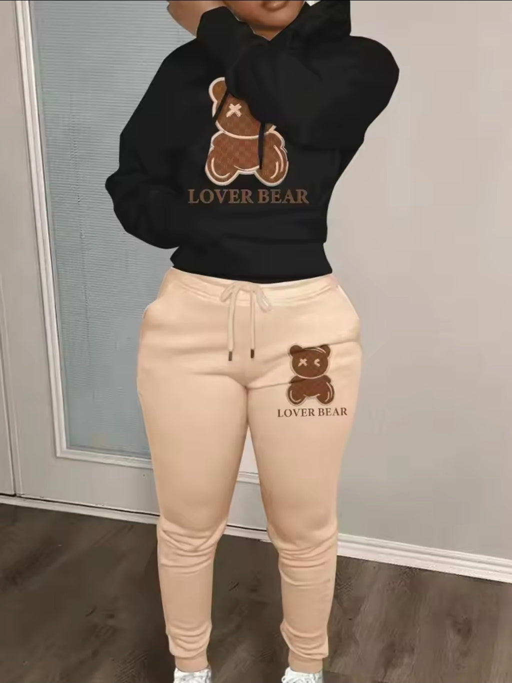 Bear print hoodie sweater set