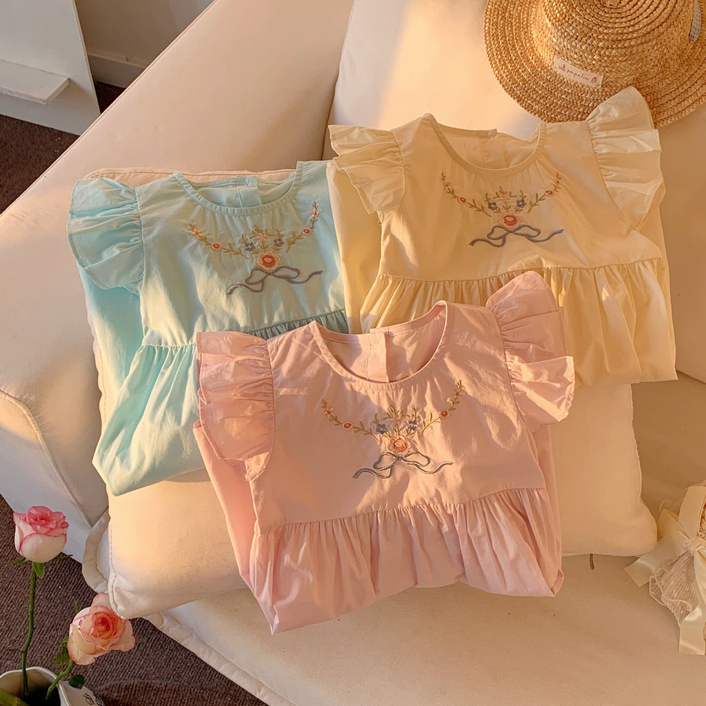 Summer Baby Kids Girls French Fly Sleeves Floral Pattern Embroidered Dress-4