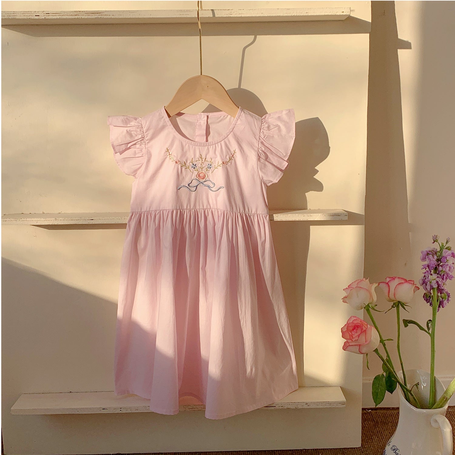 Summer Baby Kids Girls French Fly Sleeves Floral Pattern Embroidered Dress-1