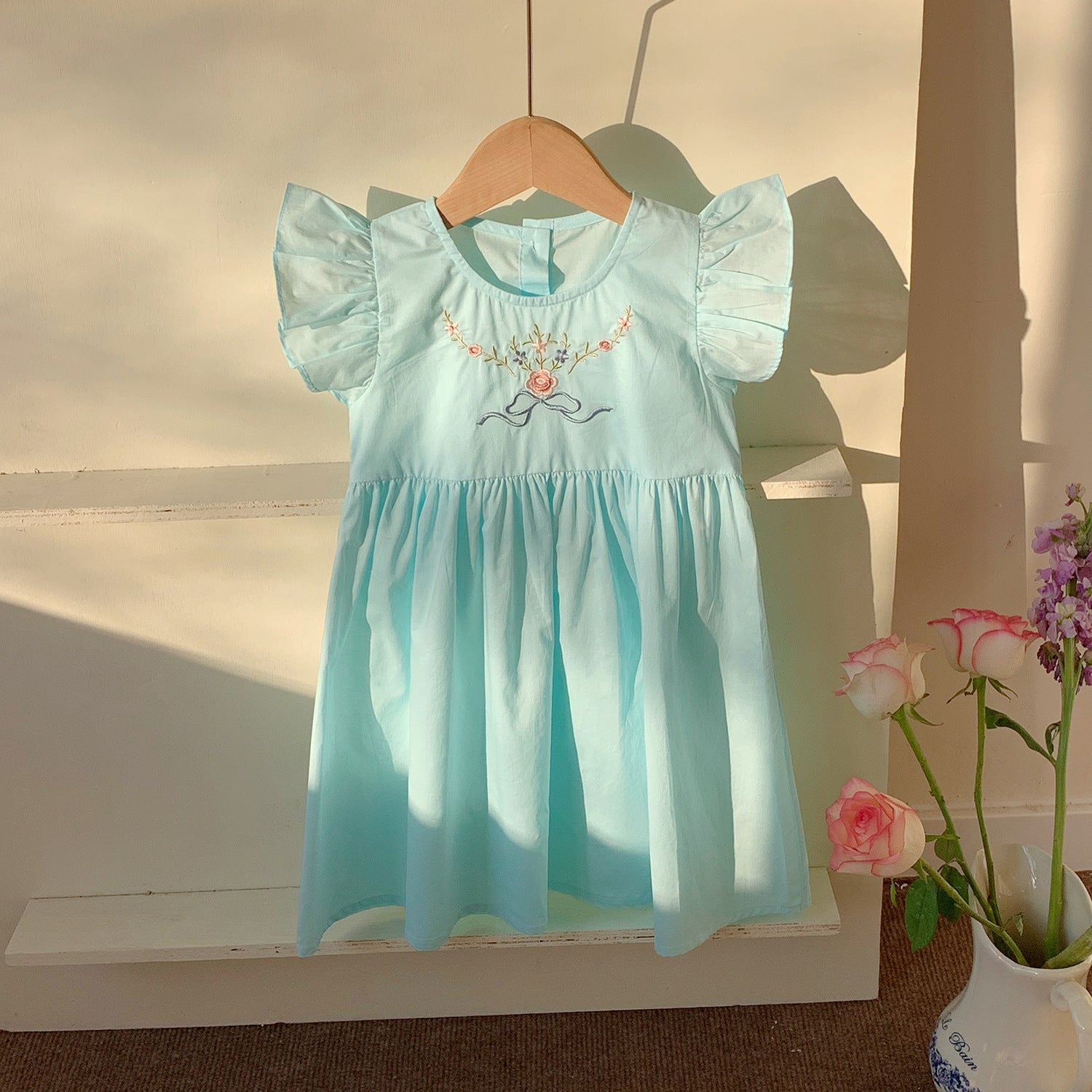 Summer Baby Kids Girls French Fly Sleeves Floral Pattern Embroidered Dress-3