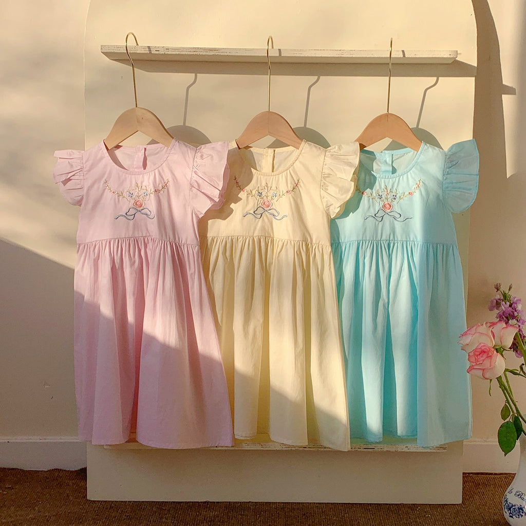 Summer Baby Kids Girls French Fly Sleeves Floral Pattern Embroidered Dress-0